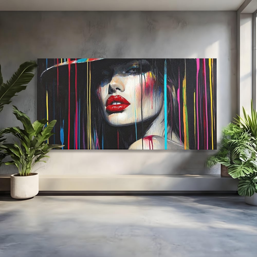 Tablou canvas cu tablou canvas cu portret de femeie si buze rosii, fara rama, pe sasiu de lemn